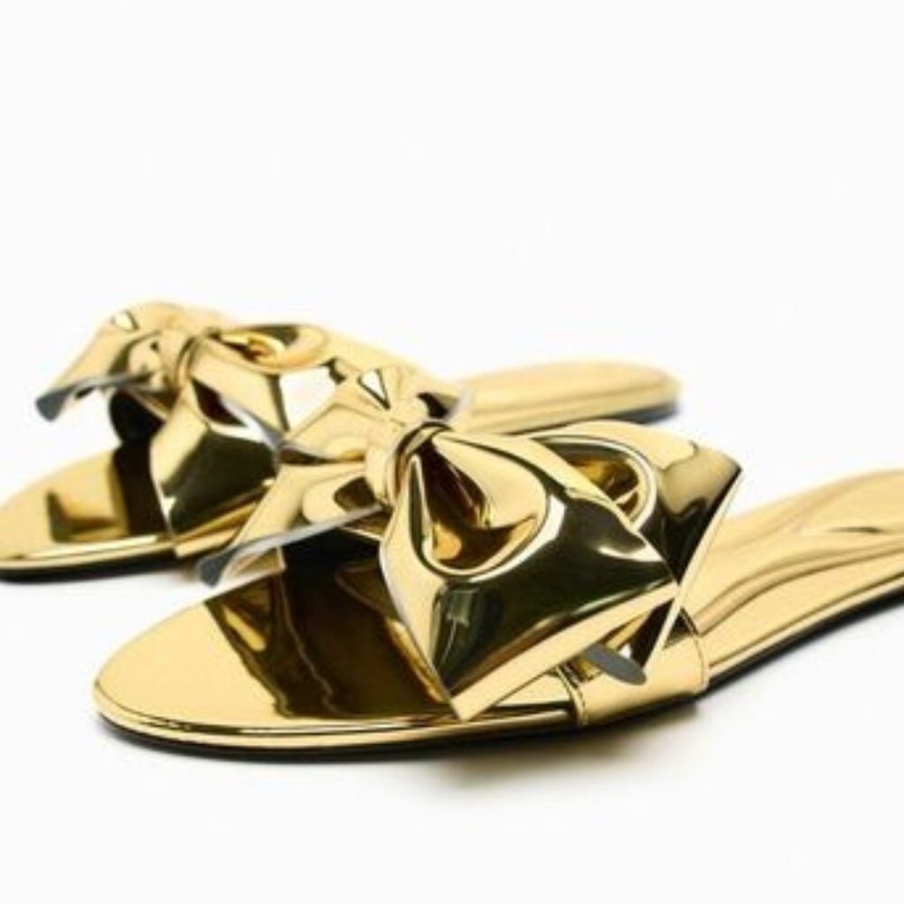 ZARA METALLIC SANDALS WITH BOW GOLD